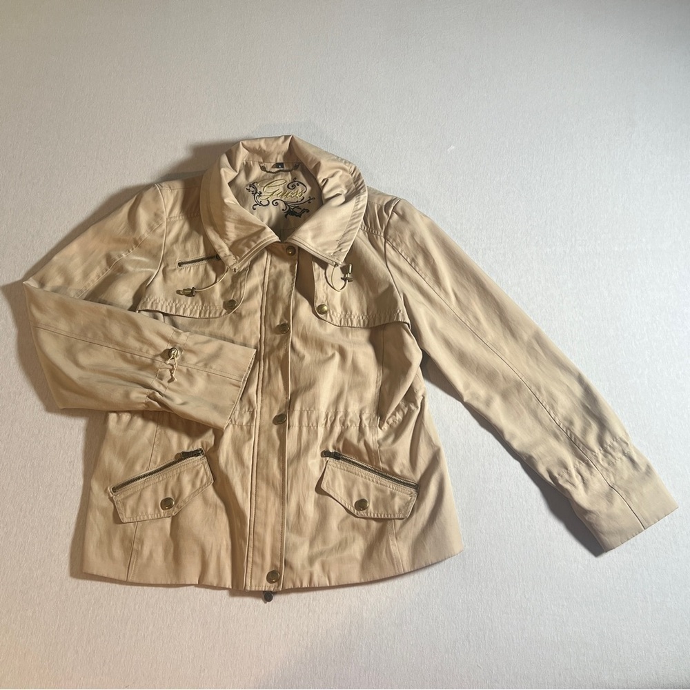 Guess Full Zip Button Down Water Resistant Women’s Utility Jacket in Beige, XL